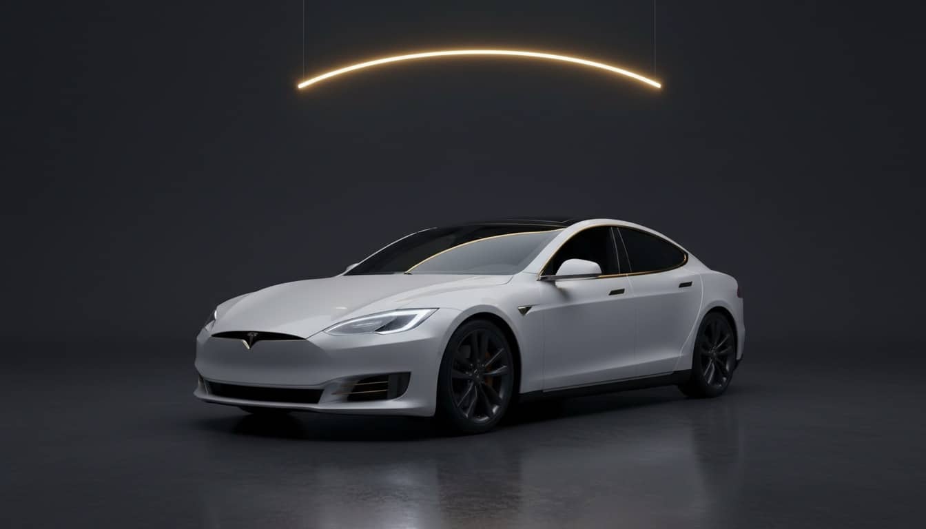 Tesla Model S under a golden arc of light — flagship vehicle of Umbrella Slovakia