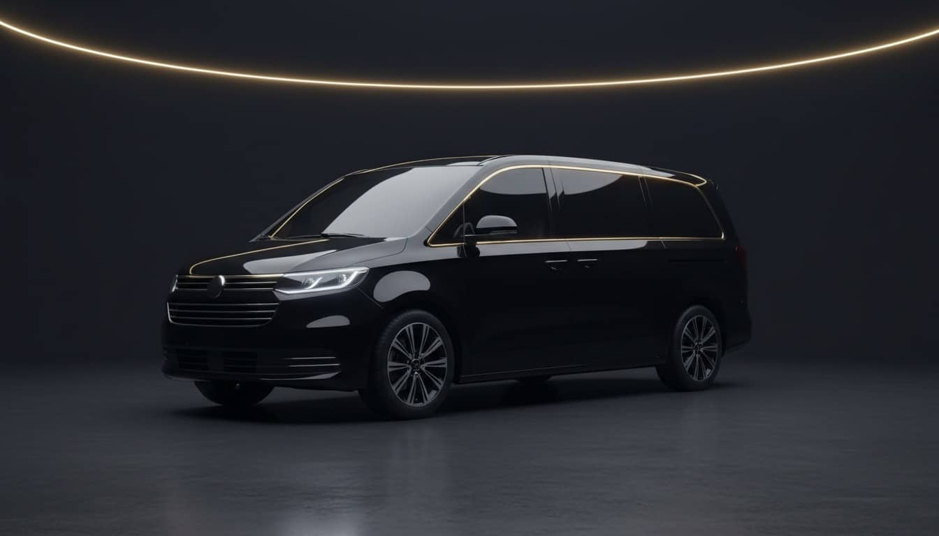 Black premium van for airport transfers under a golden arc of light
